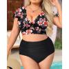 imageYonique Womens Two Piece Plus Size Bikini Set High Waisted Swimsuits Tummy Control Bathing Suits Short Sleeve SwimwearFlowers and Black
