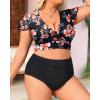 imageYonique Womens Two Piece Plus Size Bikini Set High Waisted Swimsuits Tummy Control Bathing Suits Short Sleeve SwimwearFlowers and Black