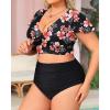 imageYonique Womens Two Piece Plus Size Bikini Set High Waisted Swimsuits Tummy Control Bathing Suits Short Sleeve SwimwearFlowers and Black