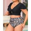 imageYonique Womens Two Piece Plus Size Bikini Set High Waisted Swimsuits Tummy Control Bathing Suits Short Sleeve SwimwearLeopard