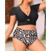 imageYonique Womens Two Piece Plus Size Bikini Set High Waisted Swimsuits Tummy Control Bathing Suits Short Sleeve SwimwearLeopard