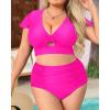 imageYonique Womens Two Piece Plus Size Bikini Set High Waisted Swimsuits Tummy Control Bathing Suits Short Sleeve SwimwearPink