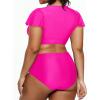 imageYonique Womens Two Piece Plus Size Bikini Set High Waisted Swimsuits Tummy Control Bathing Suits Short Sleeve SwimwearPink