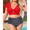 imageYonique Womens Two Piece Plus Size Bikini Set High Waisted Swimsuits Tummy Control Bathing Suits Short Sleeve SwimwearRed and Polka Dots