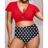 imageYonique Womens Two Piece Plus Size Bikini Set High Waisted Swimsuits Tummy Control Bathing Suits Short Sleeve SwimwearRed and Polka Dots