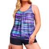 imageYonique Plus Size Tankini Swimsuits for Women Blouson Tankini Tops with Swim Shorts Two Piece Bathing SuitsBlue and Purple Stripes