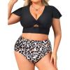 imageYonique Womens Two Piece Plus Size Bikini Set High Waisted Swimsuits Tummy Control Bathing Suits Short Sleeve SwimwearLeopard
