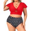 imageYonique Womens Two Piece Plus Size Bikini Set High Waisted Swimsuits Tummy Control Bathing Suits Short Sleeve SwimwearRed and Polka Dots
