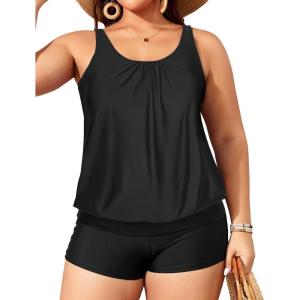 imageYonique Plus Size Tankini Swimsuits for Women Blouson Tankini Tops with Swim Shorts Two Piece Bathing SuitsBlack