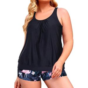 imageYonique Plus Size Tankini Swimsuits for Women Blouson Tankini Tops with Swim Shorts Two Piece Bathing SuitsBlack Flamingo