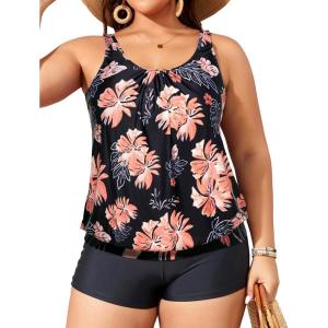 imageYonique Plus Size Tankini Swimsuits for Women Blouson Tankini Tops with Swim Shorts Two Piece Bathing SuitsBlack Orange Floral