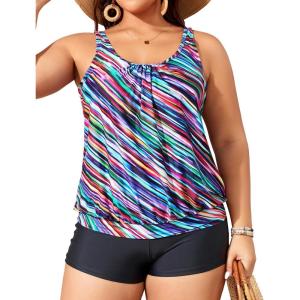imageYonique Plus Size Tankini Swimsuits for Women Blouson Tankini Tops with Swim Shorts Two Piece Bathing SuitsColored Diagonal Stripes