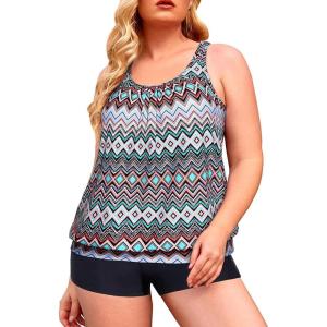 imageYonique Plus Size Tankini Swimsuits for Women Blouson Tankini Tops with Swim Shorts Two Piece Bathing SuitsGeometric