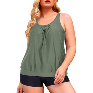 imageYonique Plus Size Tankini Swimsuits for Women Blouson Tankini Tops with Swim Shorts Two Piece Bathing SuitsLight Army Green