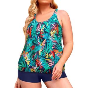 imageYonique Plus Size Tankini Swimsuits for Women Blouson Tankini Tops with Swim Shorts Two Piece Bathing SuitsNavy Leaves