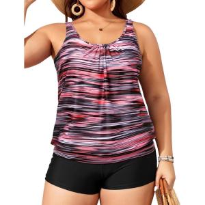 imageYonique Plus Size Tankini Swimsuits for Women Blouson Tankini Tops with Swim Shorts Two Piece Bathing SuitsPink