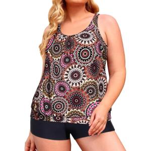 imageYonique Plus Size Tankini Swimsuits for Women Blouson Tankini Tops with Swim Shorts Two Piece Bathing SuitsPink Mandala Geometric