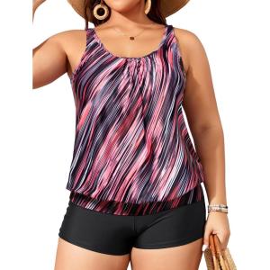 imageYonique Plus Size Tankini Swimsuits for Women Blouson Tankini Tops with Swim Shorts Two Piece Bathing SuitsPink Stripe 02