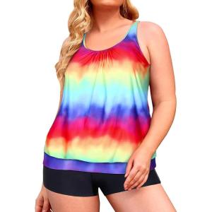 imageYonique Plus Size Tankini Swimsuits for Women Blouson Tankini Tops with Swim Shorts Two Piece Bathing SuitsRainbow Tie Dye