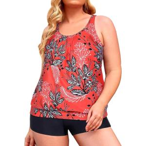 imageYonique Plus Size Tankini Swimsuits for Women Blouson Tankini Tops with Swim Shorts Two Piece Bathing SuitsRed Floral