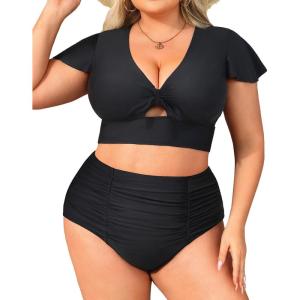 imageYonique Womens Two Piece Plus Size Bikini Set High Waisted Swimsuits Tummy Control Bathing Suits Short Sleeve SwimwearBlack