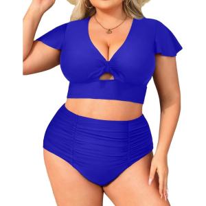 imageYonique Womens Two Piece Plus Size Bikini Set High Waisted Swimsuits Tummy Control Bathing Suits Short Sleeve SwimwearBlue