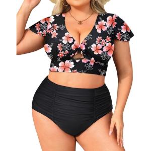 imageYonique Womens Two Piece Plus Size Bikini Set High Waisted Swimsuits Tummy Control Bathing Suits Short Sleeve SwimwearFlowers and Black