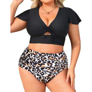 imageYonique Womens Two Piece Plus Size Bikini Set High Waisted Swimsuits Tummy Control Bathing Suits Short Sleeve SwimwearLeopard