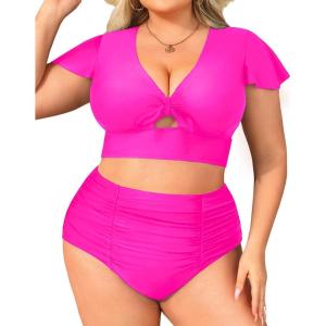 imageYonique Womens Two Piece Plus Size Bikini Set High Waisted Swimsuits Tummy Control Bathing Suits Short Sleeve SwimwearPink