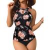 imageYonique Two Piece High Neck Tankini Swimsuits for Women Tummy Control Bathing Suits Floral Print SwimwearBlack Floral