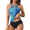 imageYonique Two Piece High Neck Tankini Swimsuits for Women Tummy Control Bathing Suits Floral Print SwimwearBlue Leaves