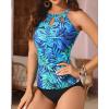 imageYonique Two Piece High Neck Tankini Swimsuits for Women Tummy Control Bathing Suits Floral Print SwimwearBlue Leaves