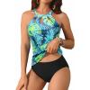 imageYonique Two Piece High Neck Tankini Swimsuits for Women Tummy Control Bathing Suits Floral Print SwimwearBlue With Leaves
