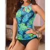 imageYonique Two Piece High Neck Tankini Swimsuits for Women Tummy Control Bathing Suits Floral Print SwimwearBlue With Leaves