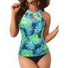 imageYonique Two Piece High Neck Tankini Swimsuits for Women Tummy Control Bathing Suits Floral Print SwimwearBlue With Leaves
