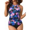 imageYonique Two Piece High Neck Tankini Swimsuits for Women Tummy Control Bathing Suits Floral Print SwimwearFlower and Leaf