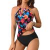 imageYonique Two Piece High Neck Tankini Swimsuits for Women Tummy Control Bathing Suits Floral Print SwimwearRed Flower