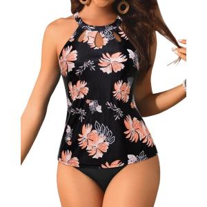 imageYonique Two Piece High Neck Tankini Swimsuits for Women Tummy Control Bathing Suits Floral Print SwimwearBlack Floral