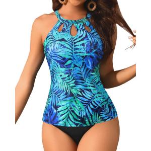 imageYonique Two Piece High Neck Tankini Swimsuits for Women Tummy Control Bathing Suits Floral Print SwimwearBlue Leaves