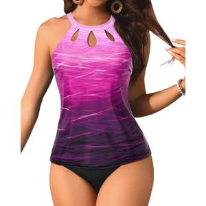 imageYonique Two Piece High Neck Tankini Swimsuits for Women Tummy Control Bathing Suits Floral Print SwimwearPink Gradient