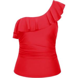 imageYonique Womens One Shoulder Tankini Tops Ruffle Swim Tops Strapless Bathing Suit Tops No Bottoms Red M