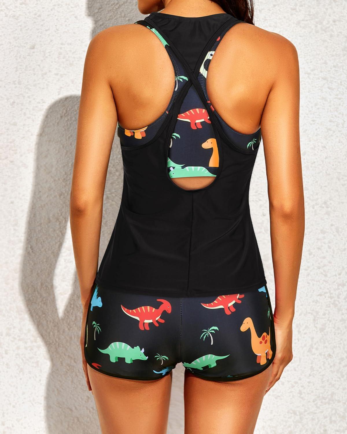 imageYonique 3 Piece Athletic Tankini Swimsuits for Women with Shorts Swim Tank Tops with Sports Bra and Boyshorts Bathing SuitsBlack Colorful Dinosaur