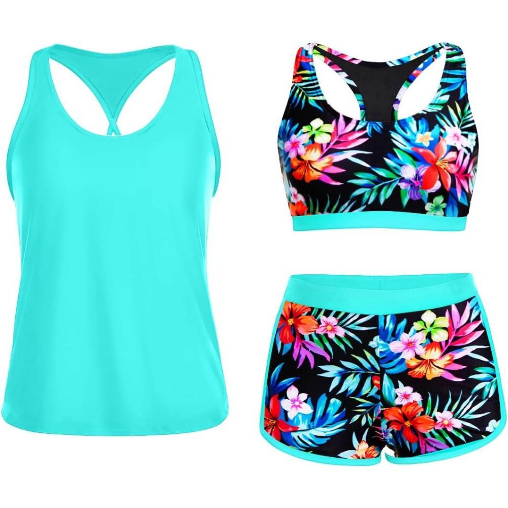 imageYonique 3 Piece Athletic Tankini Swimsuits for Women with Shorts Swim Tank Tops with Sports Bra and Boyshorts Bathing SuitsAqua Colorful Floral