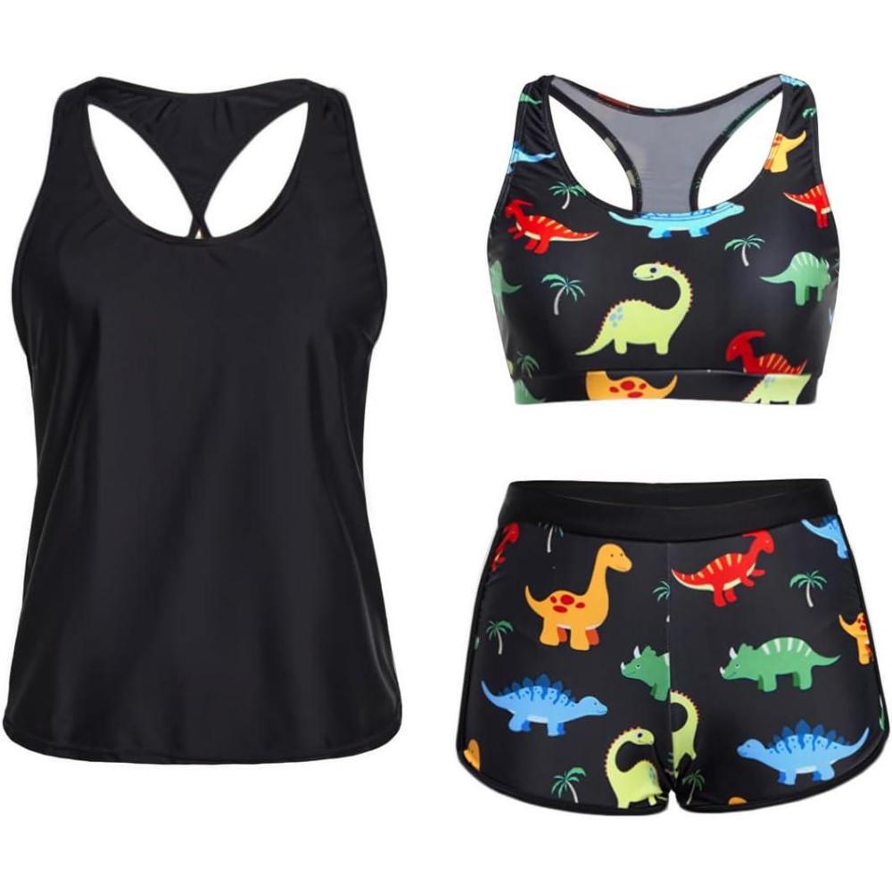 imageYonique 3 Piece Athletic Tankini Swimsuits for Women with Shorts Swim Tank Tops with Sports Bra and Boyshorts Bathing SuitsBlack Colorful Dinosaur