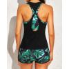 imageYonique 3 Piece Athletic Tankini Swimsuits for Women with Shorts Swim Tank Tops with Sports Bra and Boyshorts Bathing SuitsBlack and Green Leaves