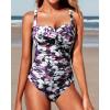 imageYonique Women One Piece Swimsuit Tummy Control Vintage Bathing Suit Ruched SwimwearBlack Purple Flower