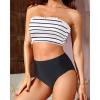 imageYonique Womens Bandeau Bikini Set Two Piece Smocked Swimsuits Ruffle Off Shoulder Bathing Suit with High Waisted BottomsBlack and White Stripe