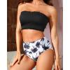 imageYonique Womens Bandeau Bikini Set Two Piece Smocked Swimsuits Ruffle Off Shoulder Bathing Suit with High Waisted BottomsBlakc Leaves