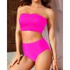 imageYonique Womens Bandeau Bikini Set Two Piece Smocked Swimsuits Ruffle Off Shoulder Bathing Suit with High Waisted BottomsPink
