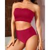 imageYonique Womens Bandeau Bikini Set Two Piece Smocked Swimsuits Ruffle Off Shoulder Bathing Suit with High Waisted BottomsRed